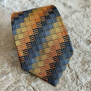 John Farley Checkered Tie Silk Blue & Gold NWOT 3.5” Wide 60” Long